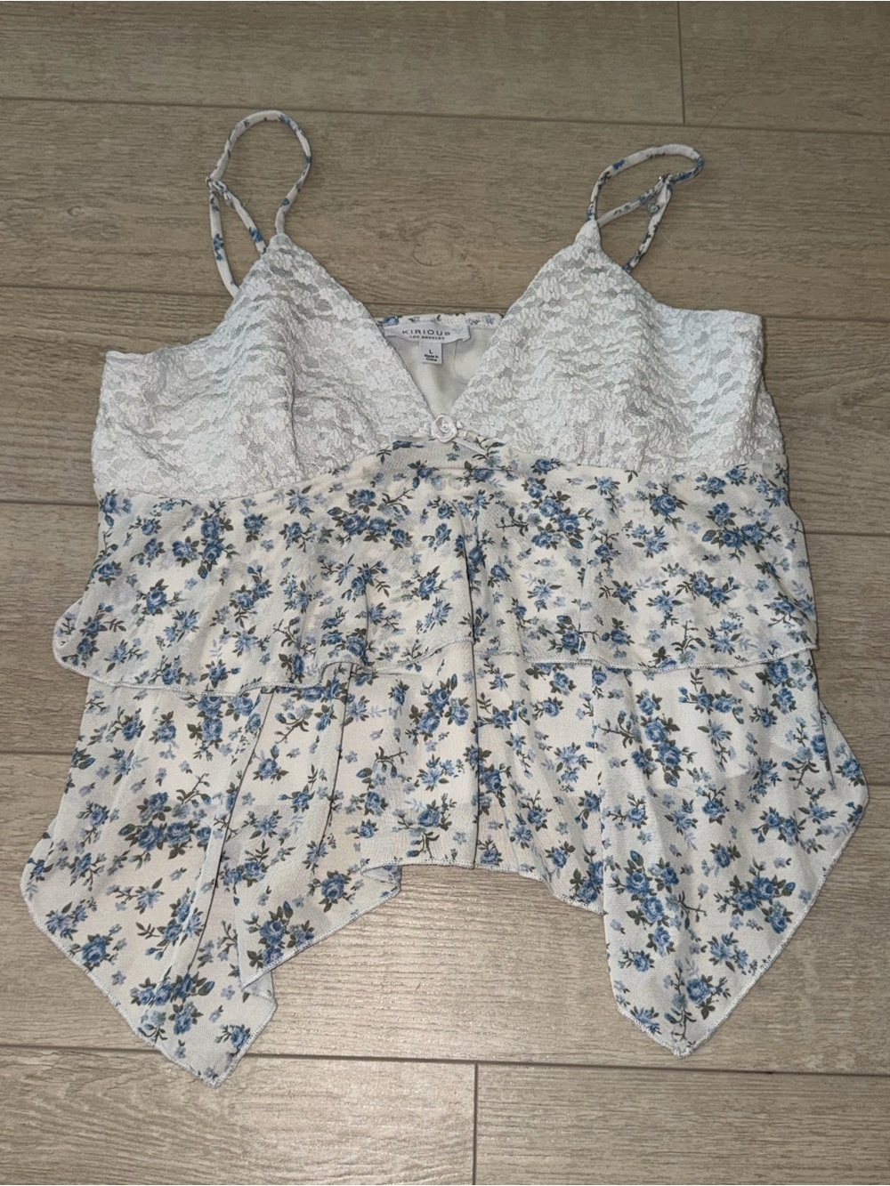 Floral Lace Handkerchief Cami Tank Top - White & Blue